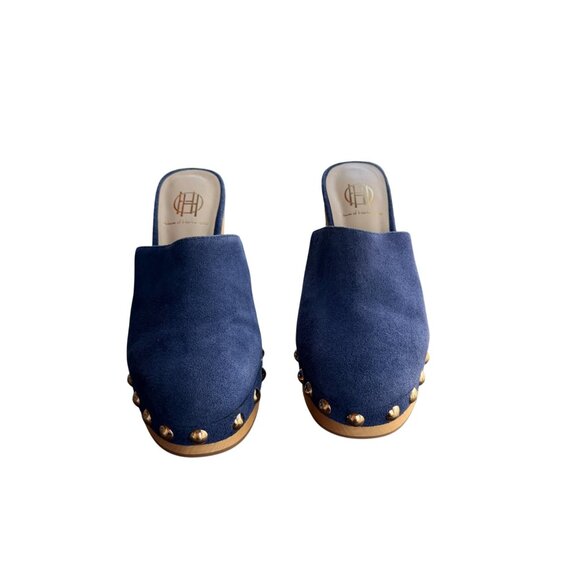 House Of Harlow 1960 x REVOLVE Shoes - House Of Harlow 1960 x REVOLVE Cut Out Blue Suede Clogs With Wooden Heels & Gold